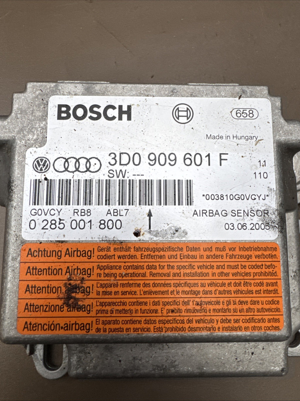 2005 VOLKSWAGEN TOUAREG AIRBAG CONTROL MODULE 3D0909601F