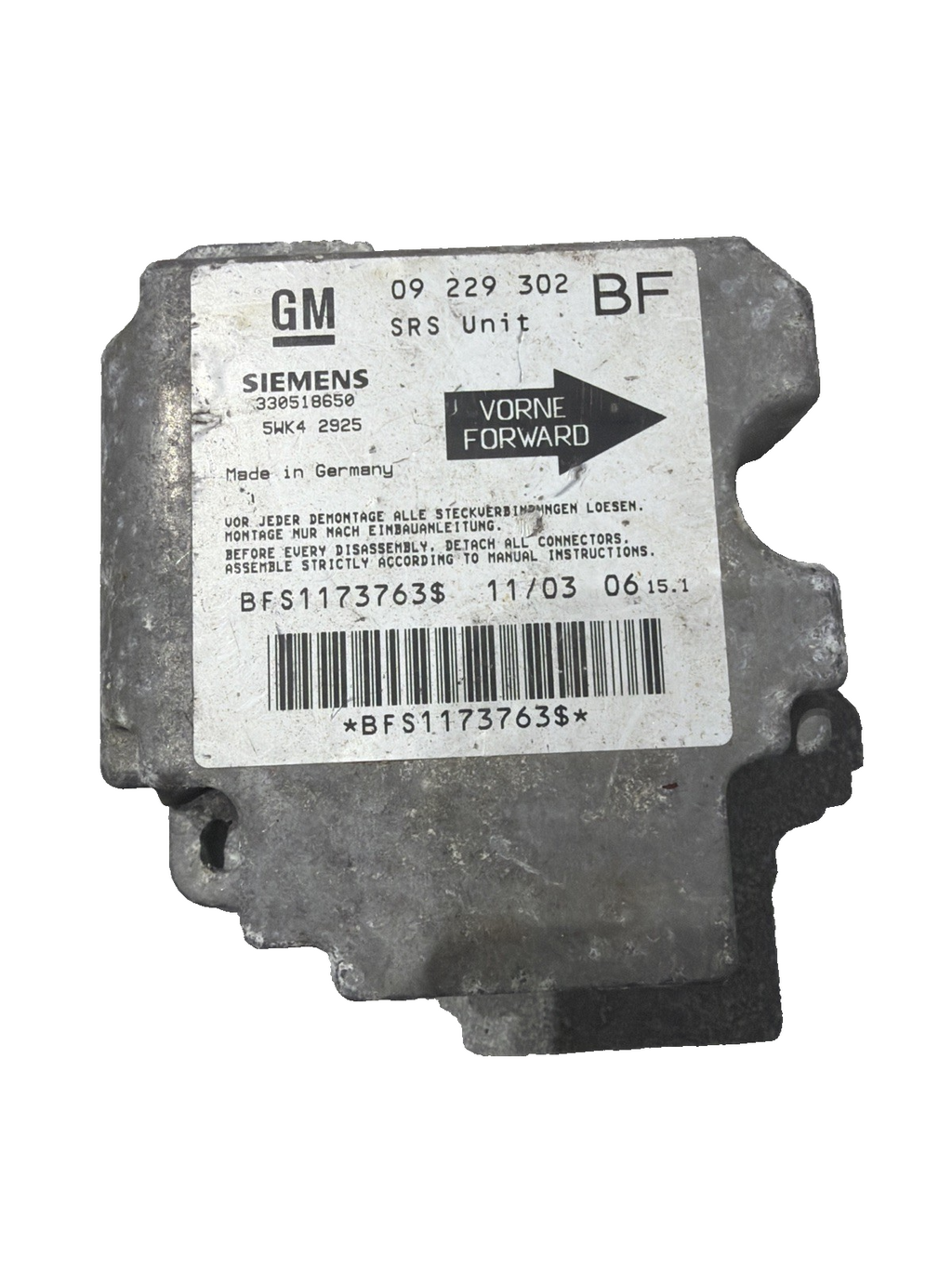 Vauxhall Astra Mk4 1998-2004 Zafira A 1999-2005 SRS ECU 09229302 5WK42925